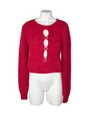 Madden Girl Long Sleeve Fluffy Rhinestone Heart Shirt, Red, Size Medium
